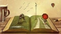 otwarta księga, pies, postać pod czerwonym parasolem