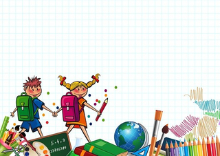 logografika radosne dzieci z plecakami szkolnymi, dookoła przybory szkolne