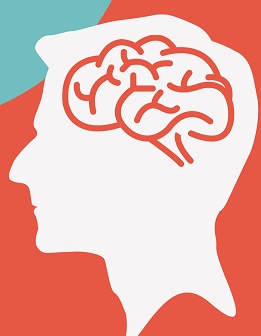 Na niebiesko czerwonym tle biały zarys głowy człowieka z narysowanym czerwoną linią mózgiem