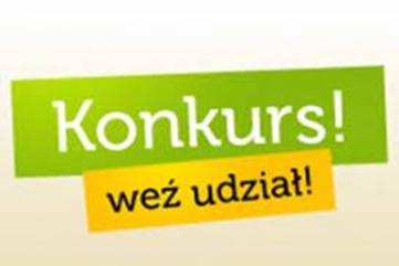 Konkurs- na zielonym pasku wyraz konkurs, na pomarańczowym pasku wyrazy - weż udział!