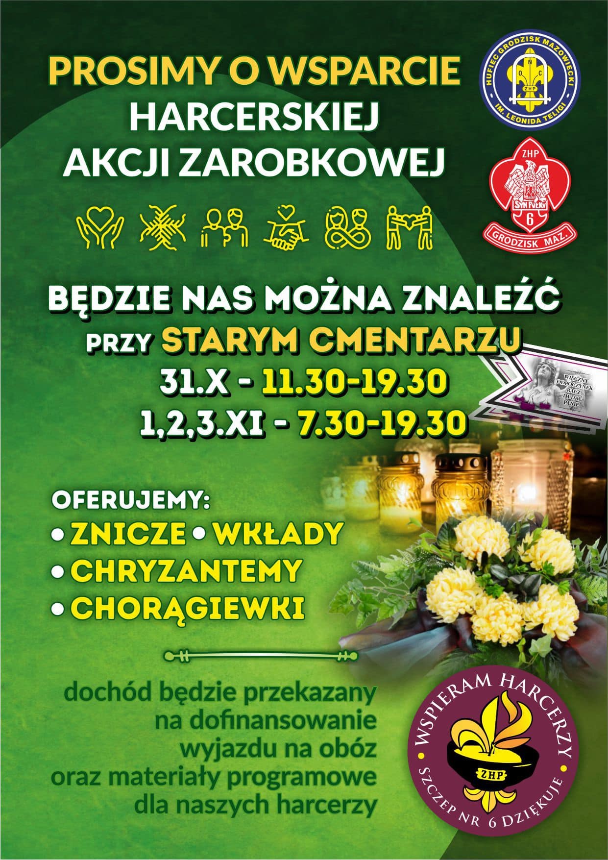 plakat informacyjny Harcerska akcja zarobkowa przy cmentarzu w 01.11.23 r.