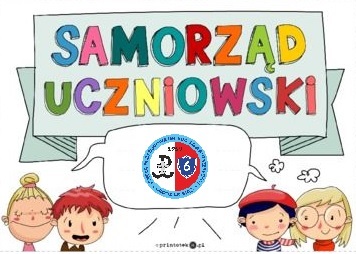 rysunek przedstawia dzieci, nad nimi napis samorząd uczniowski i logo szkoły