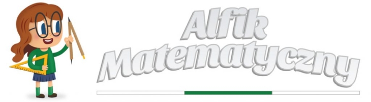 Logografika ALfik Matematyczny - dziewczynka trzymająca w ręku duży cyrkiel i ekierkę, obok dziewczynki napis Alfik Matematyczny