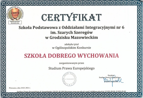 Certyfikat zdobywcy tytułu Szkoła Dobrego Wychowania
