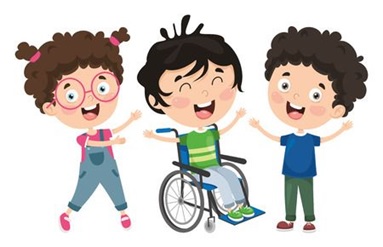 na ilustracji trójka dzieci w tym jedno na wózku inwalidzkim