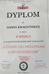 dyplom Hani Kwaczyńskiej za II miejsce w wojewódzkim konkursie wokalnym