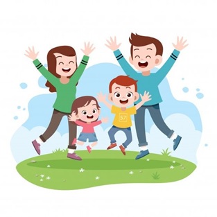ilustracja przedstawia rodzinkę skaczącą radośnie na zielonej trawie