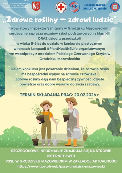 plakat informacyjny konkursu „Zdrowe rośliny – zdrowi ludzie” PSSE w Grodzisku Mazowieckim