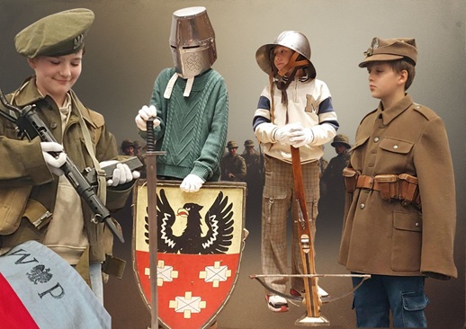 zdjęcie dzieci w zbrojach rycerskich i mundurach wojskowych