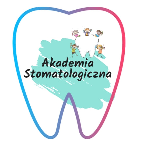 Logografika przedstawia kontur zęba w kolorze niebieskoróżowym. W środku biały ząb i wokół radosne dzieci. Na środku na niebieskim tle napis Akademia stomatologiczna.