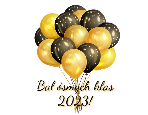 Napis Bal ósmych klas 2023 i wiązka złotych i czarnych balonów