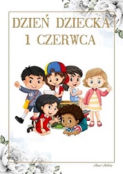 Plakat na Dzień Dziecka: rysunek grupy radosnych dzieci oraz napis Dzień Dziecka 1 czerwca