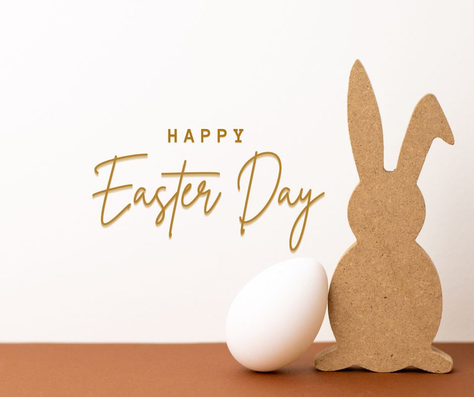 Symbole świąt wielkanocnych - zajączek, jajo, napis - Happy Easter