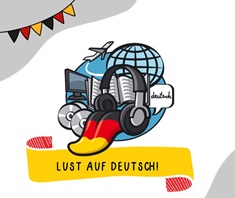 na rysunku widać język w kolorach barw narodowych Niemiec oraz sprzęt do słuchania  