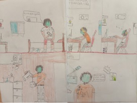 Scenki komiksowe wykonane przez ucznia klasy 5b