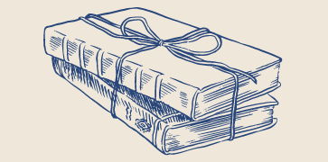 Rysunek przedstawia narysowane niebieską kreską dwie zamknięte książki przewiązane sznureczkiem