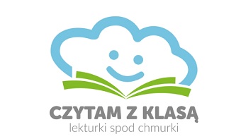 Logo projektu. Rysunek przedstawia otwartą książkę na której leży uśmiechnięta chmurka. Pod książką napis: Czytam z klasą, lekturki spod chmurki