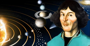 Mikołaj Kopernik_ w tle układ Słoneczny- grafika