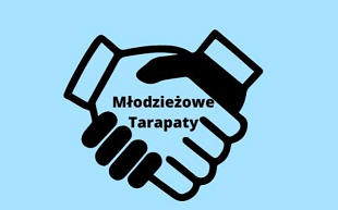 Logografika prjektu Młodzieżowe tarapaty -  na błękitnym tle dwie dłonie w uścisku. Jedna czarna druga przeźrosczysta w czarnym konturze 