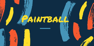 Rysunek przedstawia żółty napis: paintball na czarnym tle i pociągniecia pędzlem w kolorze żółtym, niebieskim, czerwonym