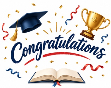biret, złoty puchar, biret i napis congratulations