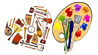 instrumenty folkowe i paleta malarska z kolorowymi farbami