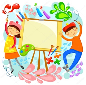 Kolorowy rysunek przedstawia dziewczynkę i chłopca obok sztalugi. Dookoła pędzle, farby, kredki