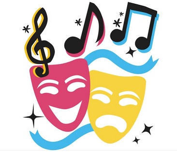 rysunek przedstawia maski teatralne i nutki