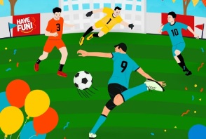 rysunek przedstawia czterech chłopców grających w piłkę nożną