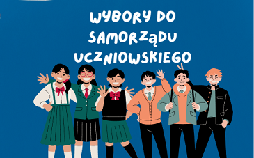 Plakat przedstawia rysunek grupy uczniów i nad nimi napis: wybory do samorządu uczniowskiego
