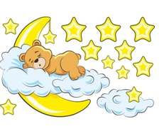 Rysunek przedstawia misia śpiącego na poduszcze -chmurce, która leży na żółtym księżycu. Wokół żółte gwiazdki