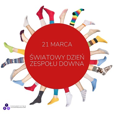 Światowy Dzień Zespołu Downa - logografika_ czerwone koło i wokół promieniście ułożone różnokolorowe wzorzyste skarpety
