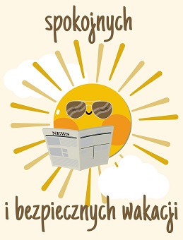 Słońce w okularach przeciwsłonecznych czytające papierową gazetę. Napis słonecznych i bezpiecznych wakacji