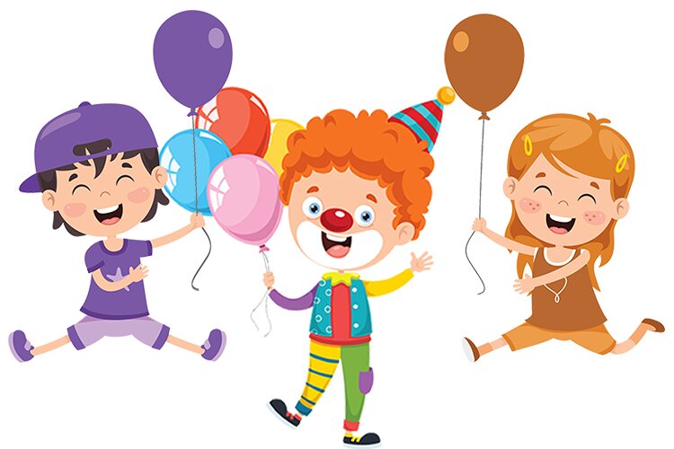 karnawałowy rysunek - przedstawia uśmiechniętego klauna i dwoje wesołych dzieci z balonami