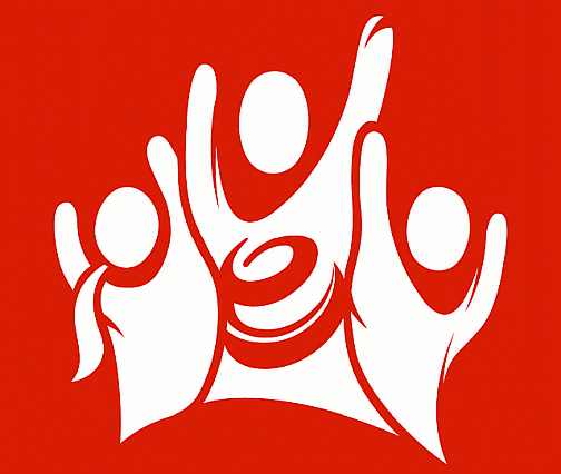 Logo: białe zarysy sylwetek ludzkich na czerwonym tle, sylwetki dynamiczne, z podniesionymi rękami