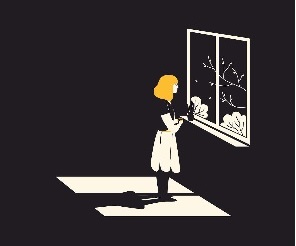 ilustracja przedstawia postać dziewczęcą stojącą przed oknem na tle czarnego pokoju. Jedynym kolorowym akcentem są żółte włosy dziewczynki