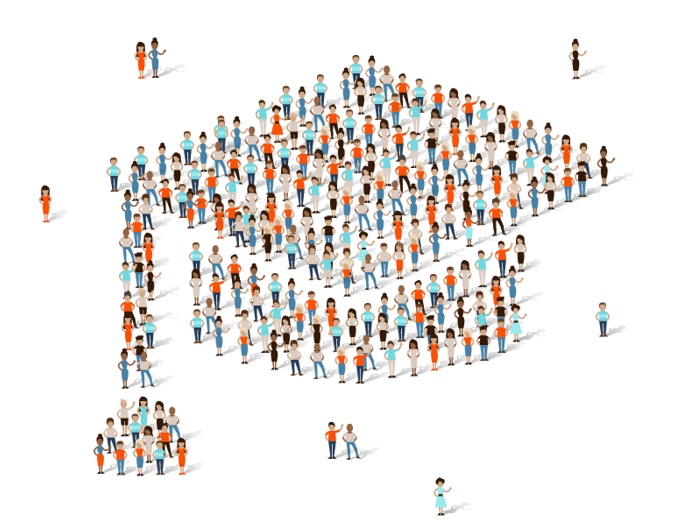 biret uczniowski składający się z kolorowych postaci uczniów