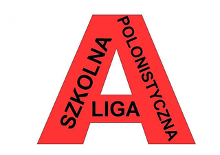 logo szkolnej ligi polonistycznej - czerwona, wielka litera A z umieszczonym na niej napisem szkolna liga polonistyczna