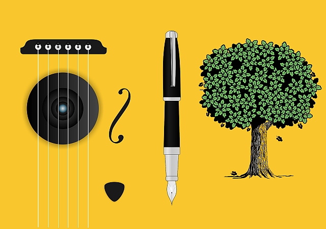 Proste rysunki gitary, pióra i zielonego drzewa na żółtym tle