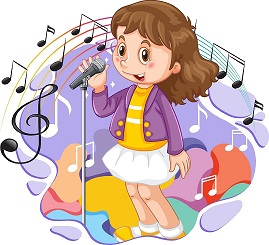 Śpiewająca dziewczynka za dziewczynką na kolorowym tle rozrzucone  nutki