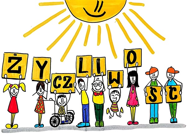 Rysunek przedstawia dzieci trzymające kartki z literami tworzącymi  wyraz ŻYCZLIWOŚĆ. Nad nimi świeci słońce